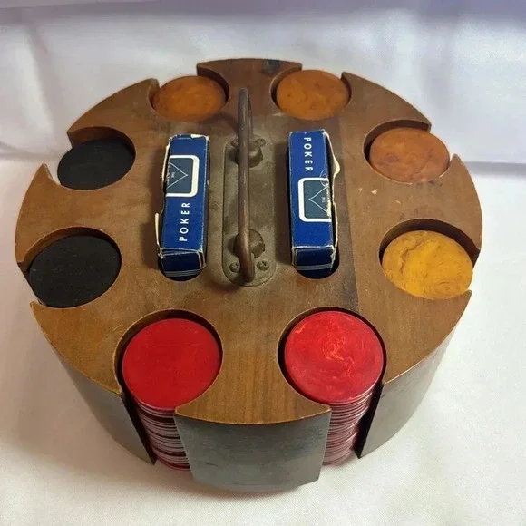 Vintage Bakelite Poker Chips Wooden Spinning Poker Chip Wheel with Chips - Picture 4 of 4